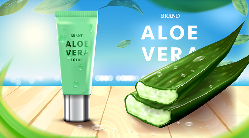 豪华化妆品瓶包装护肤霜，美容化妆品海报，与芦荟和木地板在海滩的背景图片下载