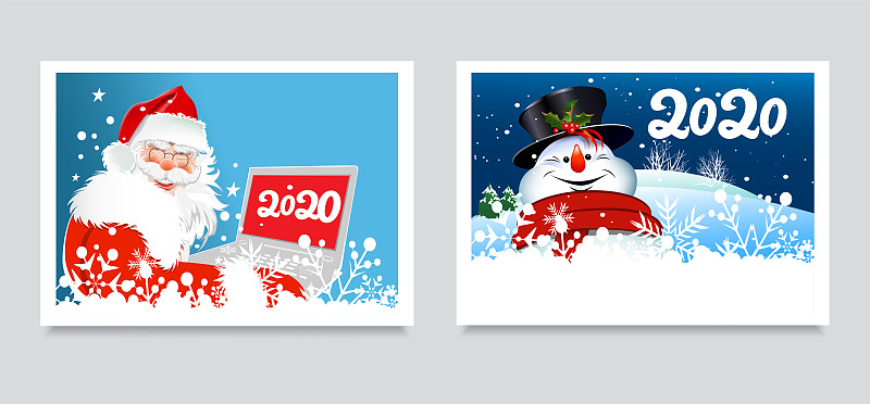 给你设计的圣诞卡。两个可爱的形象，快乐的圣诞老人和快乐的雪人在蓝色。带着笔记本电脑的圣诞老人。冬季森林背景上的雪人。模板:贺卡图片下载