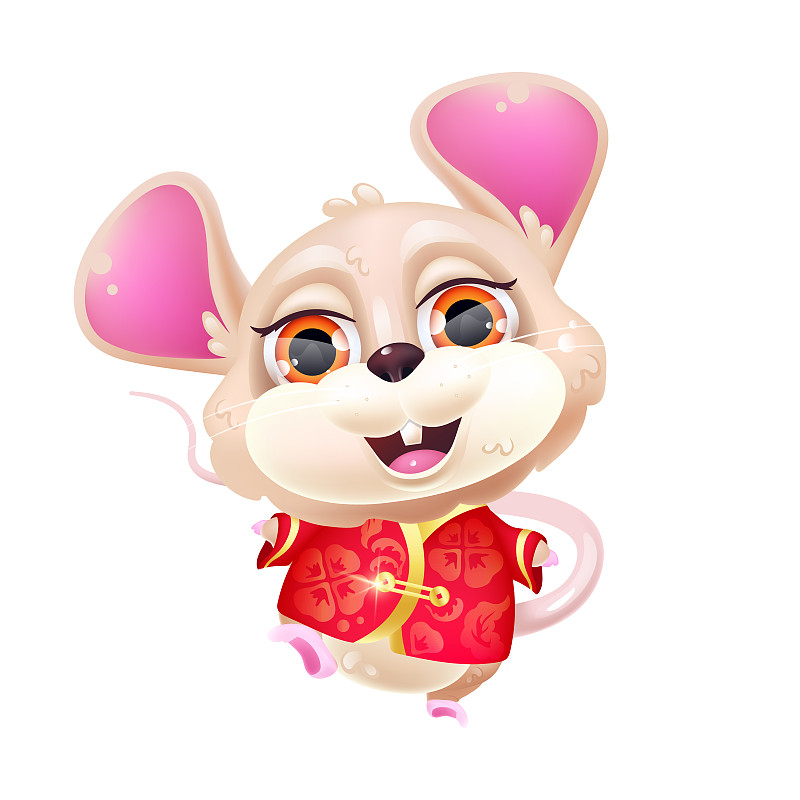 可爱的跳舞鼠标卡哇伊卡通矢量人物。中国新年生肖的象征。可爱，滑稽的动物在传统的红色服装孤立贴纸，补丁。白色背景下的动漫小老鼠表情图片下载