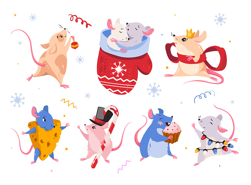 老鼠新年的象征。孤立的鼠标字符的向量集。贴纸老鼠的表情设计。图片下载