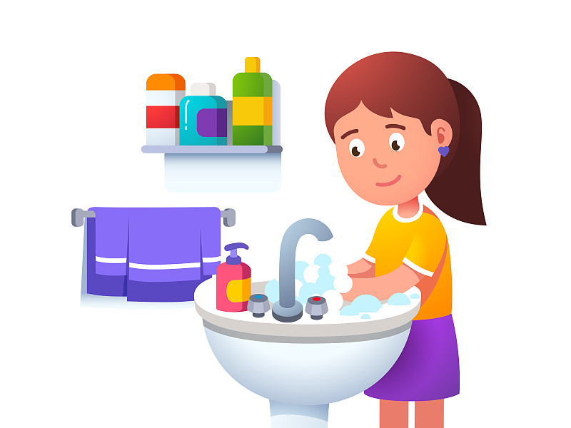 小女孩自己在洗脸盆、水槽、脸盆洗手。微笑的孩子早上洗澡例行程序。平面向量插图图片下载