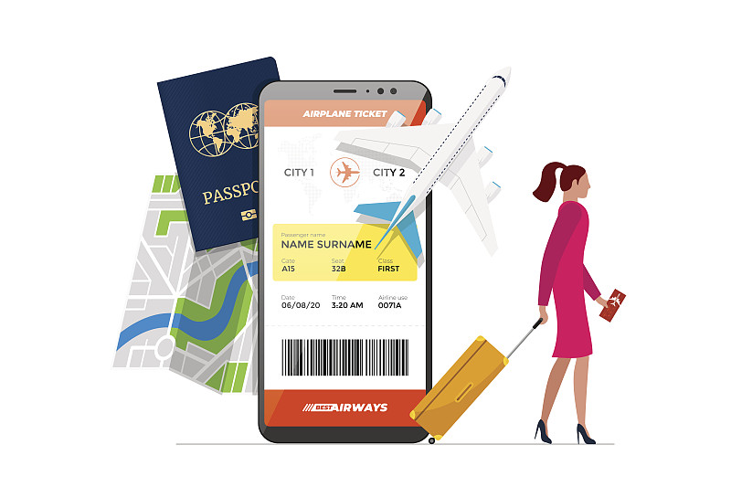网上机票预订服务理念。带着行李的女人用智能手机预订飞机旅行。机票网站或手机app预订。行程规划矢量图下载