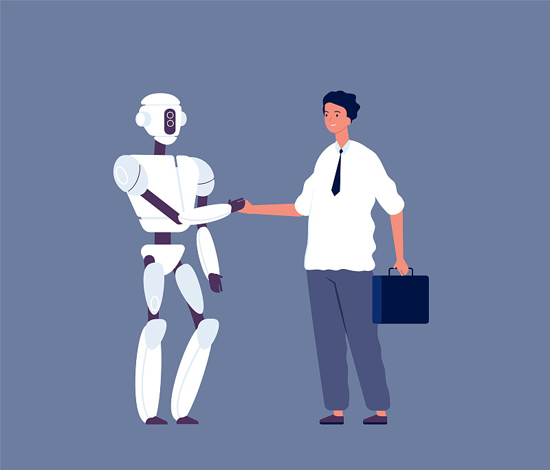 机器人握手。商人会见未来的机器人人物人类vs电子人概念矢量插图图片下载