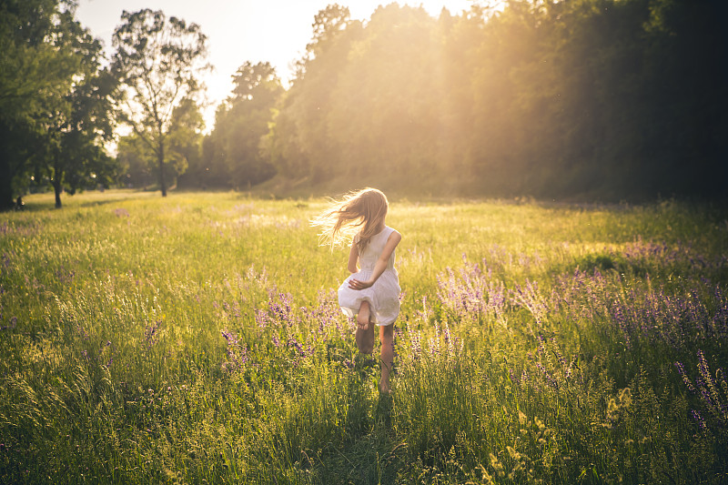 黄昏时分，女孩在花草地上奔跑的背影图片素材