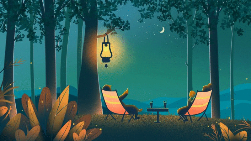 萤火虫夜晚树下乘凉的情侣插画动图下载