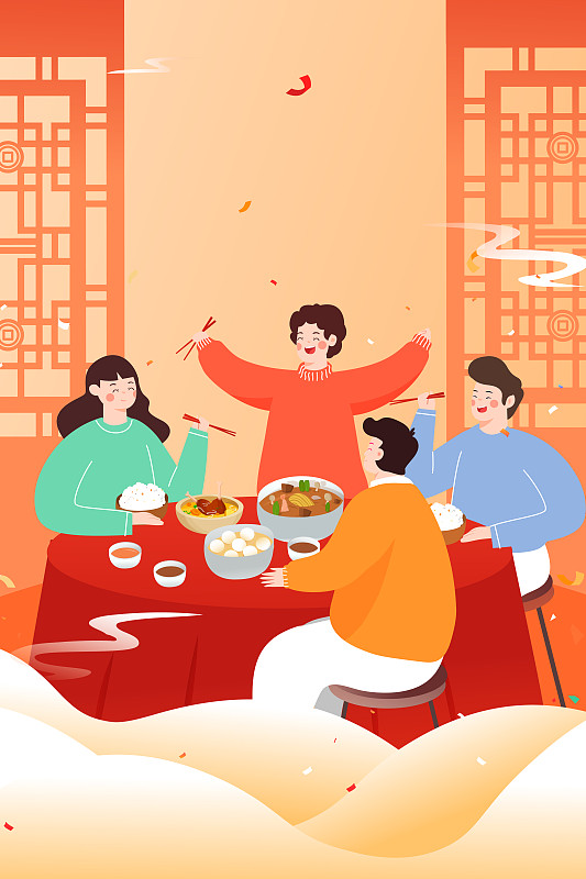 卡通2020鼠年家人团聚新年春节年夜饭背景矢量插画下载