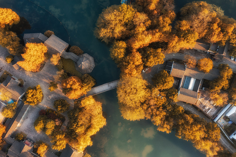 中国浙江杭州西湖风景区黛色参天秋色的傍晚图片素材