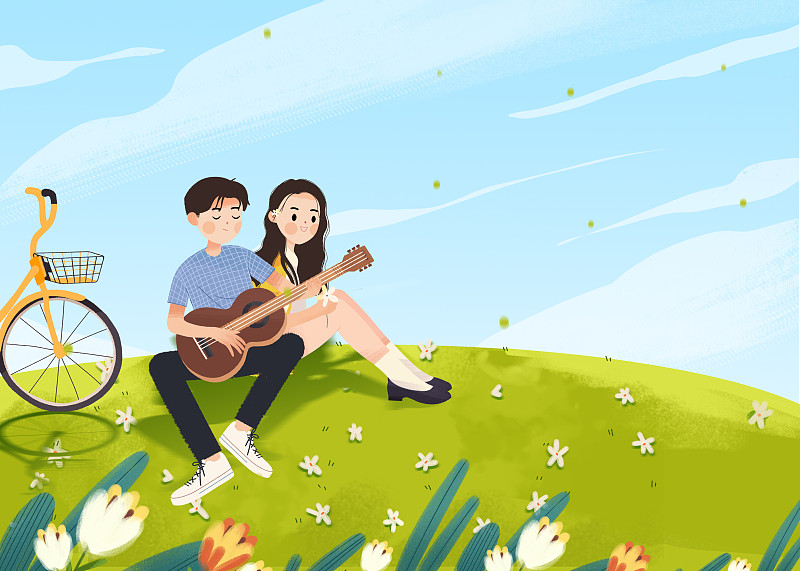 坐在草坪上弹吉他约会的青年男女图片素材