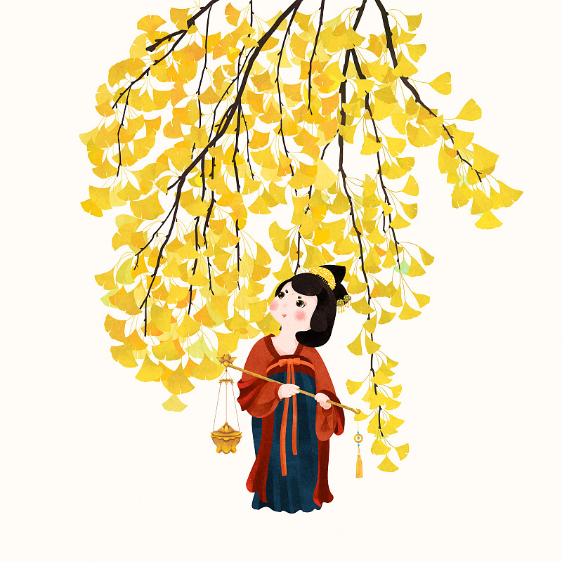 节气立冬在金色银杏叶下提着香炉的唐朝美人图片素材