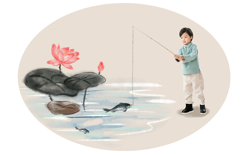 小男孩在河边钓鱼图片下载