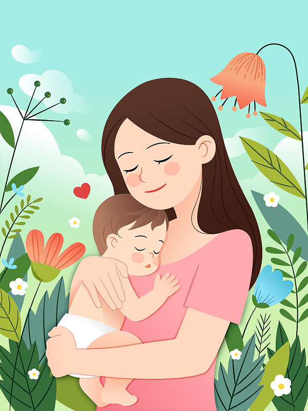 花丛中一个母亲抱着孩子图片