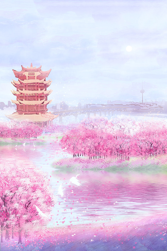 武汉市的黄鹤楼周围，樱花正盛开插画背景图片
