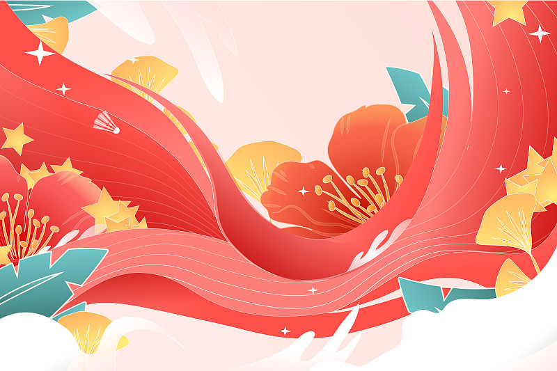 国庆节花卉飘带红旗中国风背景矢量插画图片