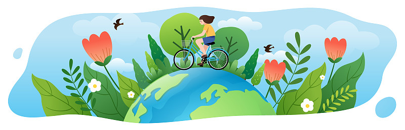 一个女生在地球上骑自行车和花草树木背景图片素材