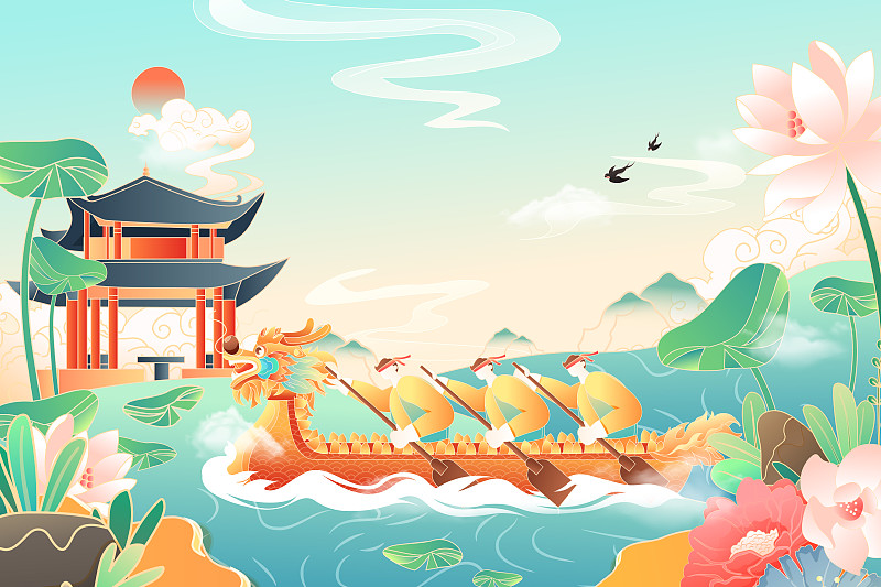 卡通端午节粽子赛龙舟划船中国风传统节日习俗背景矢量插画下载