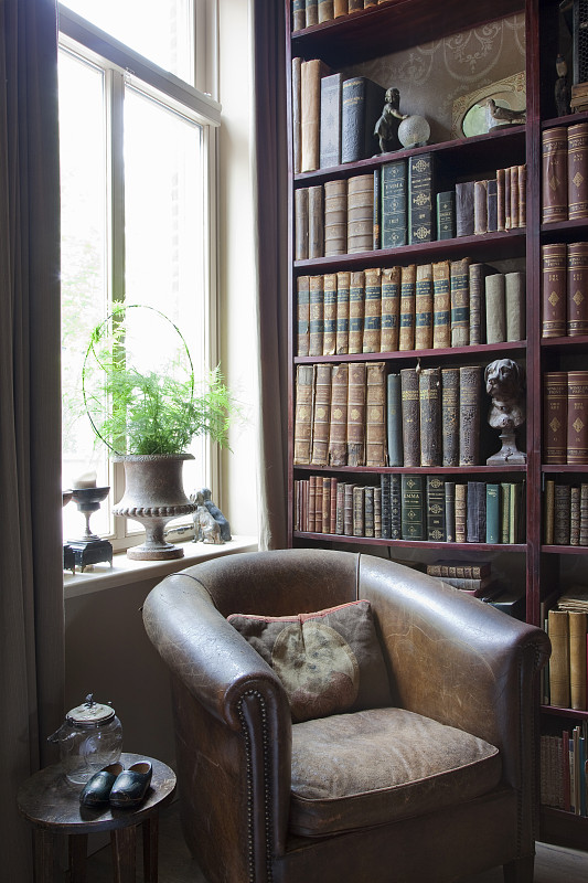 角落里书架旁边的老式皮革扶手椅图片素材