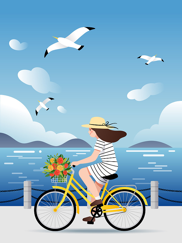 一个女生在海边骑自行车图片下载