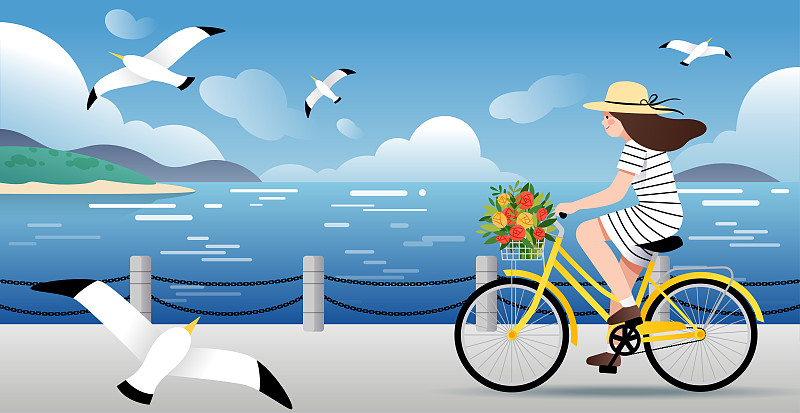 一个女孩在海边骑自行车图片素材