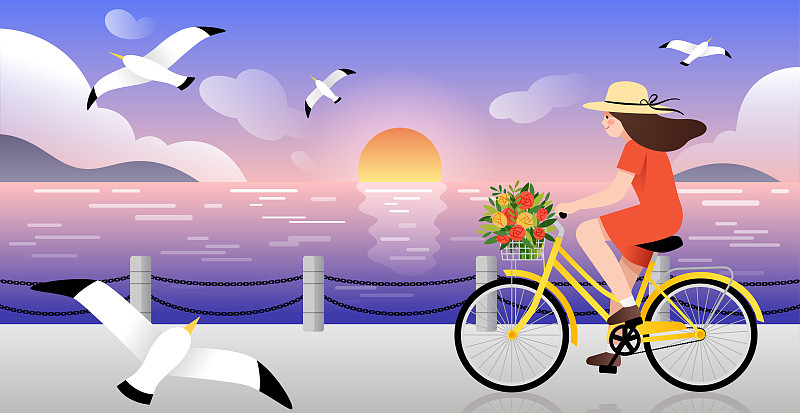 海边日落背景下一个女孩骑着自行车图片下载