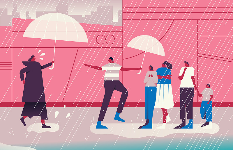 男人和女人带着雨伞给下雨的人图片素材