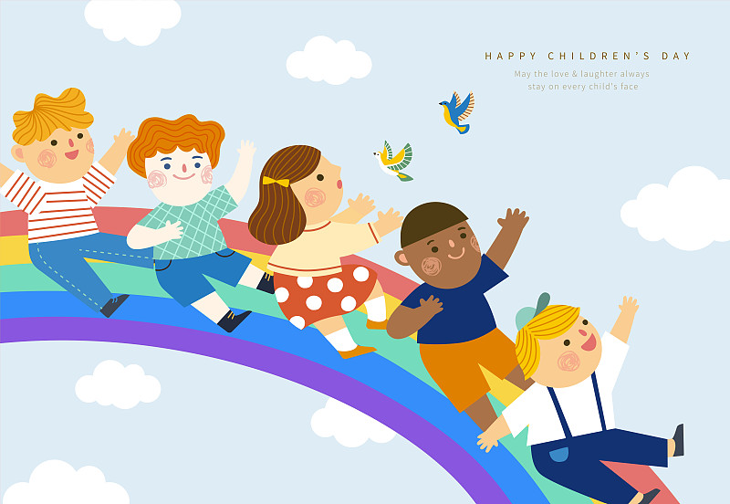 儿童节多种族孩子一起从彩虹溜下来图片下载