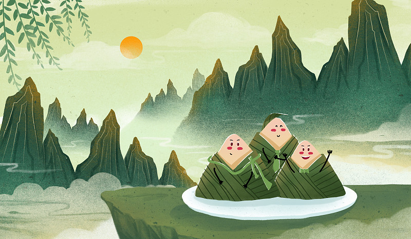 国风端午节一盘可爱的粽子和诗意绿色山水图片下载