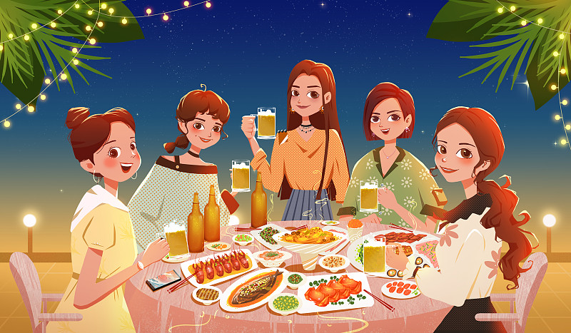 五个聚餐的女人在喝啤酒 啤酒节创意插画下载