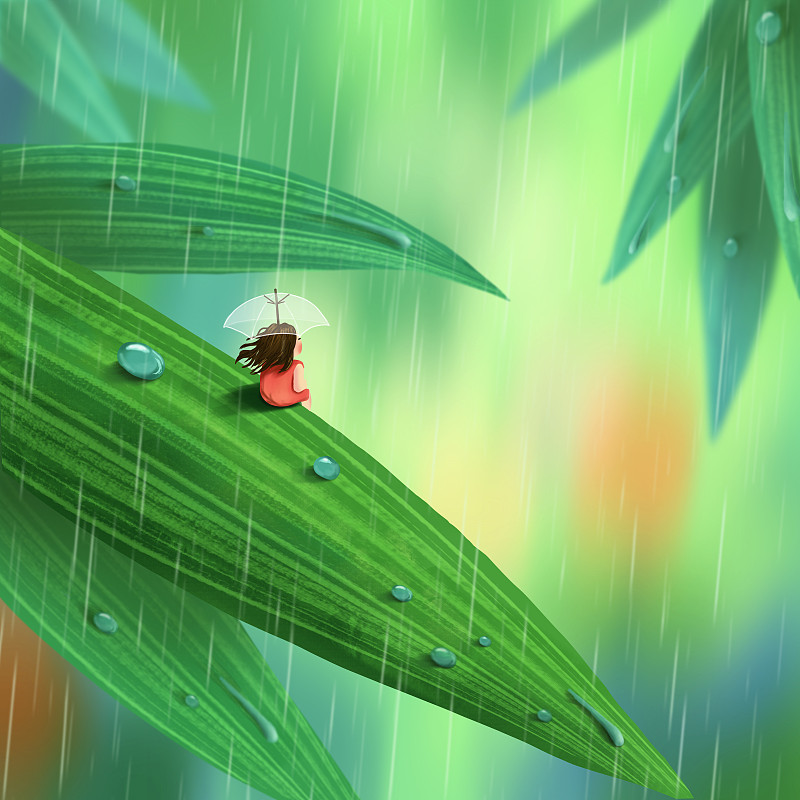 下雨天女孩撑着伞坐在竹叶上图片素材