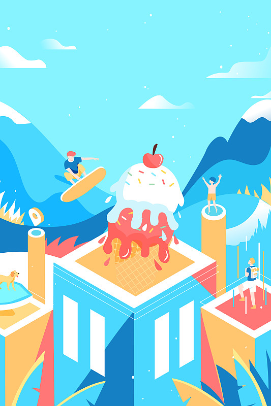 夏季2.5D等距微立体冰淇淋游乐场滑雪场生活邀请好友矢量插画图片