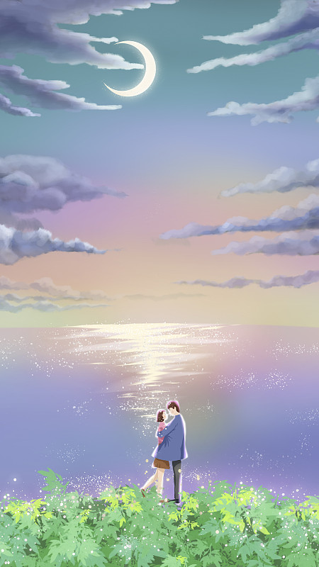 一对情侣在彩色的湖前拥抱图片下载