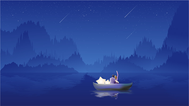 星空下的群山和湖面上坐在小船上的情侣矢量插画下载