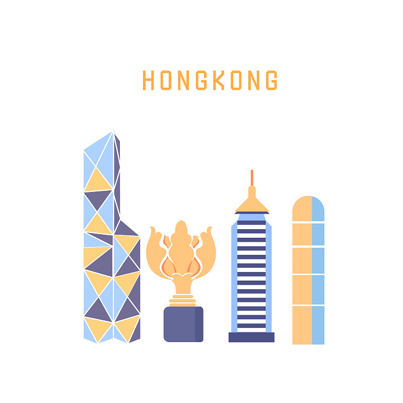 中国香港城市地标建筑群背景渐变商务出行特色印象标志性矢量插画下载