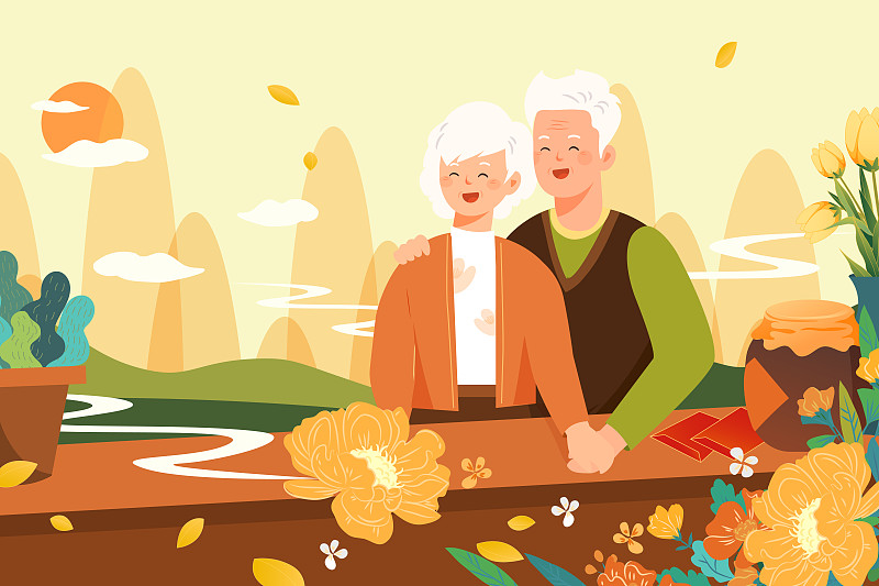 重阳节家人夫妻陪伴关爱老人出游旅行身体健康秋景风景矢量插画图片