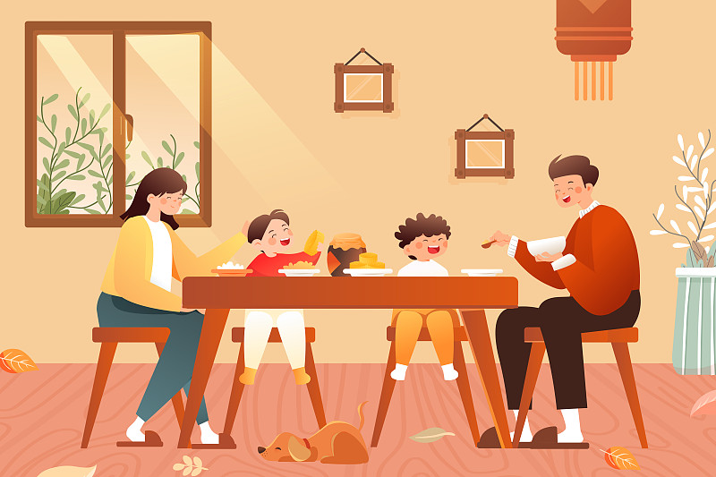 中秋节跨年烟花家庭朋友团圆吃饭聚会传统节日中国风习俗矢量插画图片