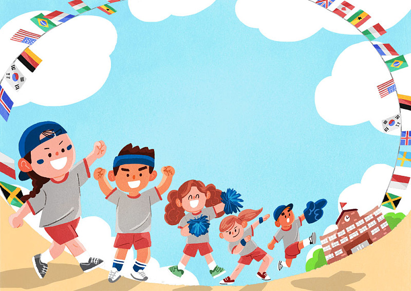 儿童在运动日欢呼的景观插图图片下载