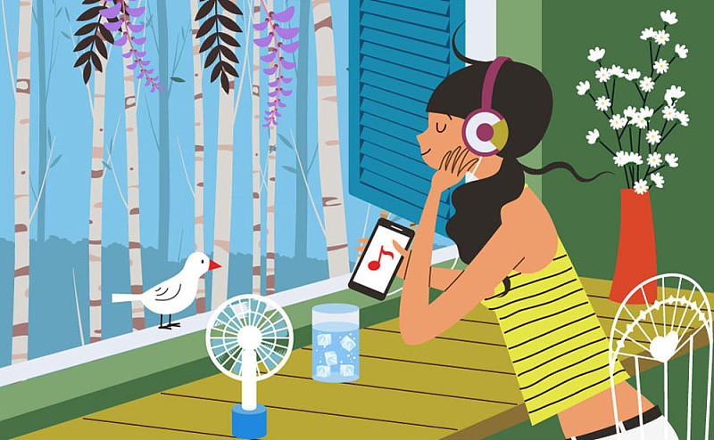 矢量插图的女人听音乐坐在窗前与白桦林图片素材