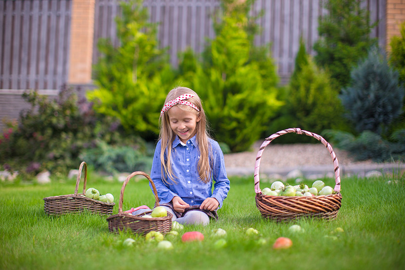 可爱的小女孩坐在草地上，篮子里装着收获的西红柿图片素材