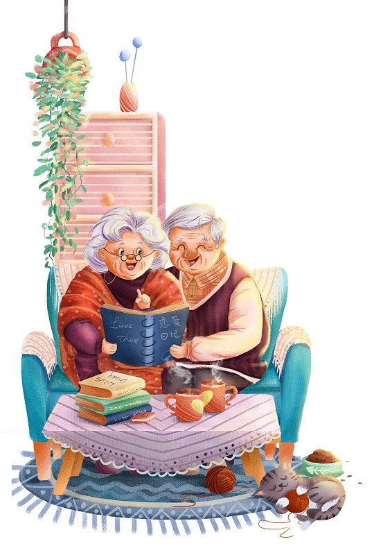 情人节插画-老年夫妻坐在沙发一起回味相册下载