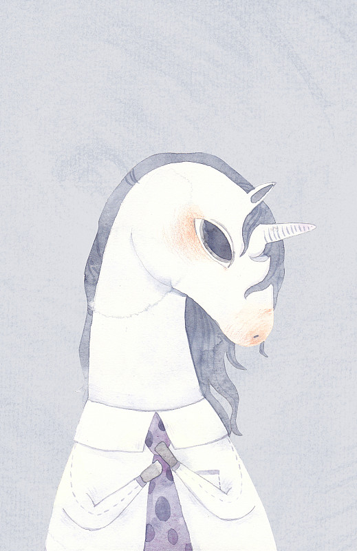 蓝灰色独角兽水彩插画可爱传说动物西装马免抠图素材图片