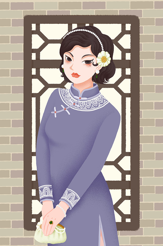 站在中式窗户前的旗袍美女图片下载