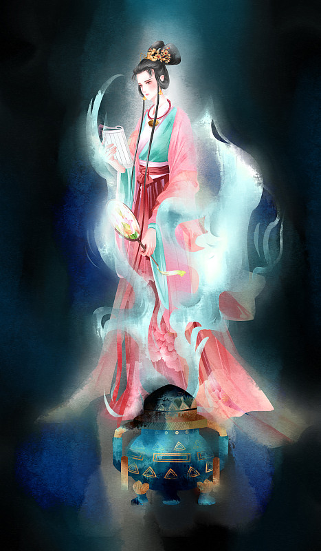 中国风水彩香炉与佳人插画图片