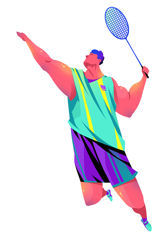 男子跃起用球拍打羽毛球的插画图片