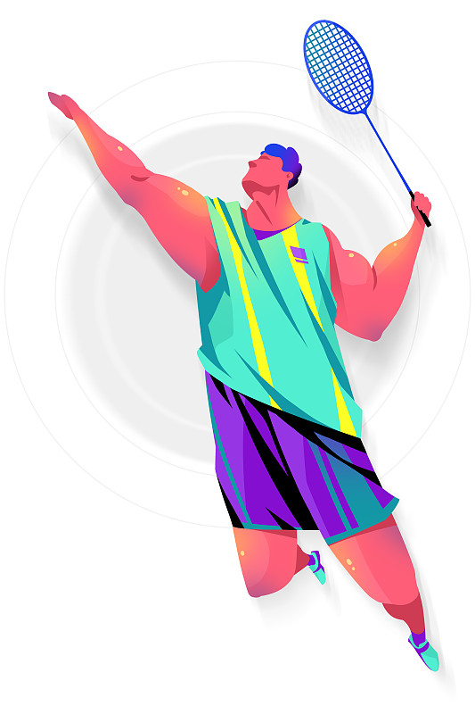 男子跃起用球拍打羽毛球的插画图片