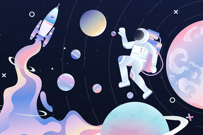卡通未来科技宇宙外太空银河太阳系火箭发射宇航员背景矢量插画图片