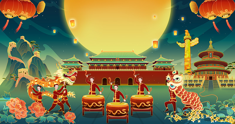 北京建筑前舞龙舞狮子欢庆国潮插画图片