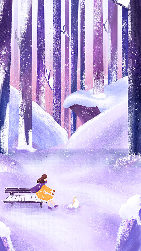 插画节气冬天季节寒冷女孩坐在椅子上森林积雪路狗图片