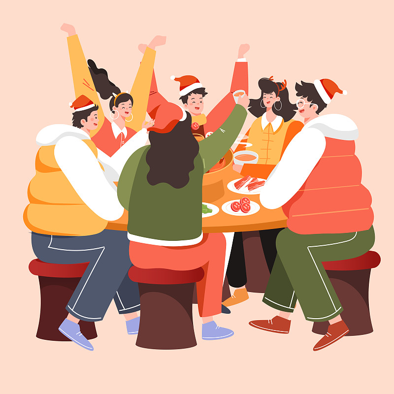 卡通圣诞节庆祝朋友吃火锅美食活动新年春节团圆传统节日矢量插画图片