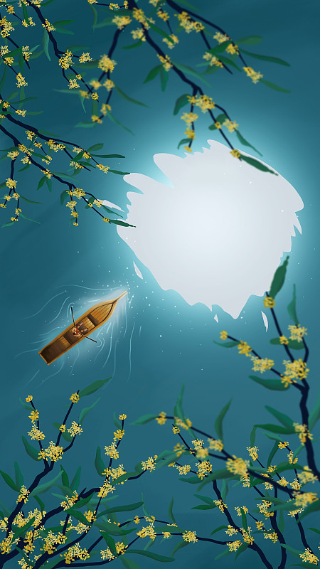 中秋桂花树下湖面上圆月的倒影和小船图片素材