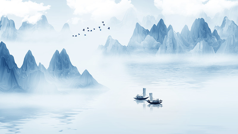 手绘蓝色意境淡雅中式山水画图片下载