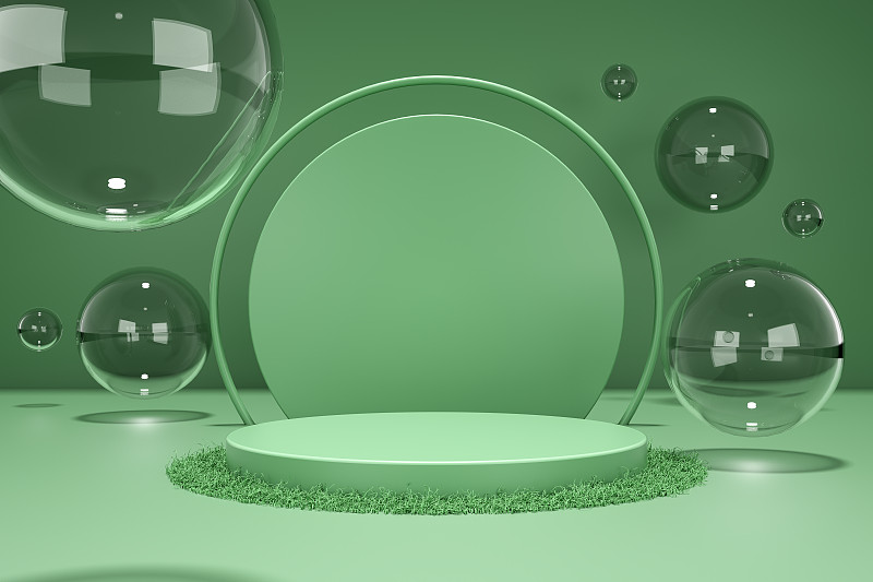 圆形展示台和周围的透明玻璃球图片下载